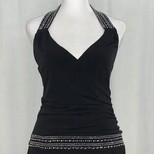 Caren Desiree Black Halter Rhinestone Handkerchief Hem Dress Size M Witchy
